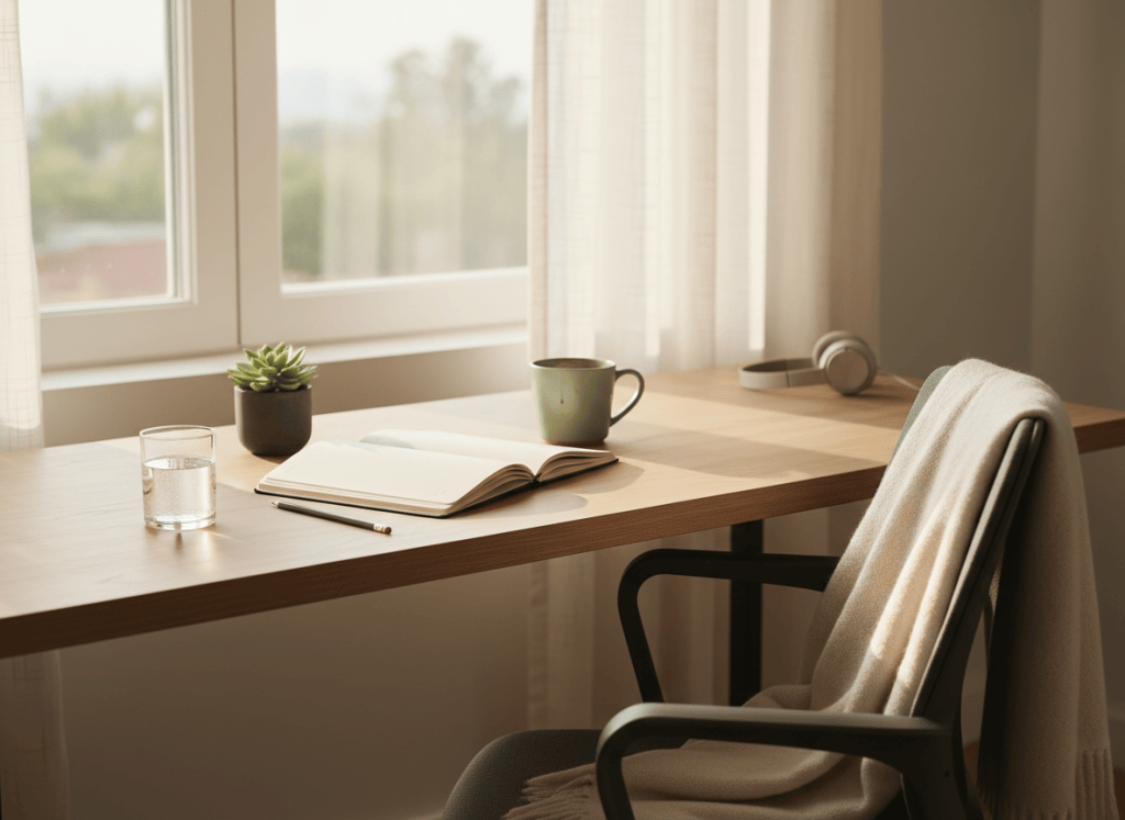 A calm, uncluttered desk with an open notebook, pencil, cup and plant in soft morning light.
