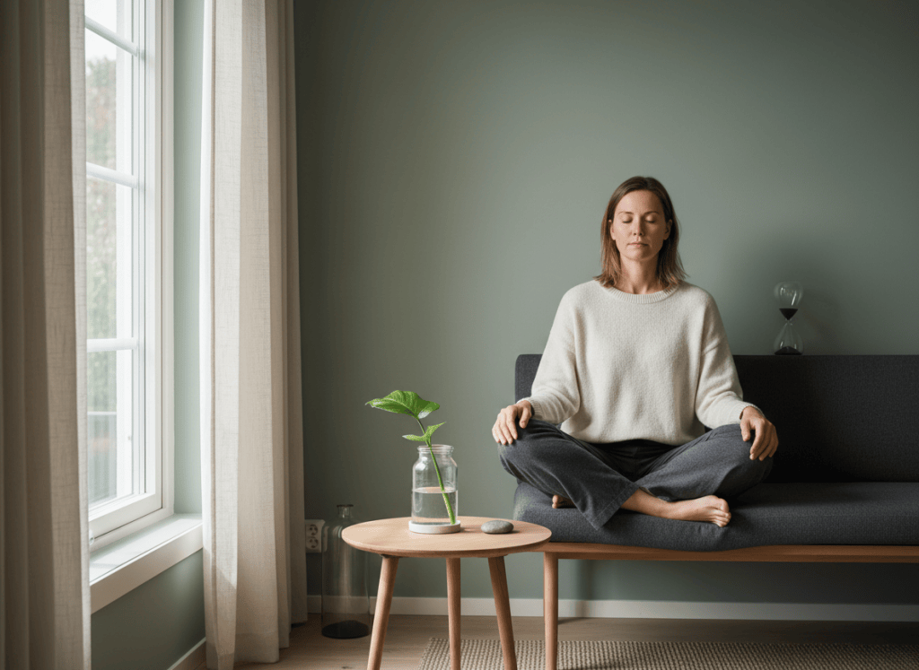 A calm everyday scene illustrating a 3-minute mindfulness practice before a difficult meeting.