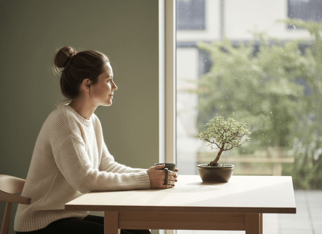 A calm everyday scene illustrating how to stop overthinking at work: a 5-minute mindfulness reset.